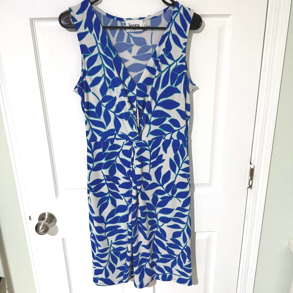 Leota Womens Blue Teal Leaf Print Twist Front Sleeveless V-Neck Dress Large